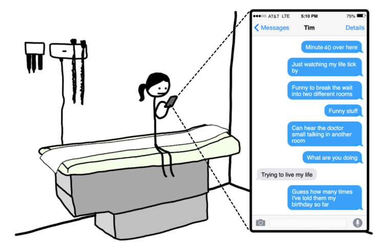 Zoomed-in picture-in-picture of Tandice's phone screen. Her texts with Tim.
Minute 40 over here. Just watching my life tick by. Funny to break the wait into two different rooms. Funny stuff. Can hear the doctor small talking in another room. What are you doing
Tim: Trying to live my life
Tandice: Guess how many times I've told them my birthday so far