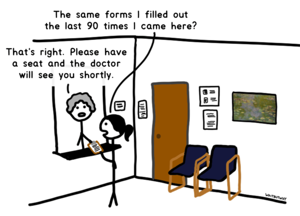 Tandice: The same forms I filled out the last 90 times I came here?
Not-that-friendly lady: That's right. Please have a set and the doctor will see you shortly.